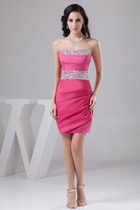 Lovely Rose Pink Mini-length Nightclub Gown Dress With Beading And Ruching
