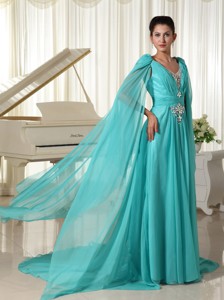 Long Sleeves V-neck Turquoise Chiffon Wonderful Maxi Dress With Appliques And Beading