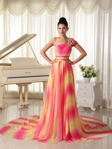Ombre Color Chiffon Beaded Decorate Shoulder Maxi Dress With Court Train Texas