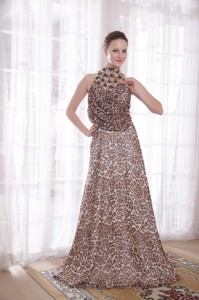 Sexy Empire High-neck Brush Train Leopard Beading Maxi Dress