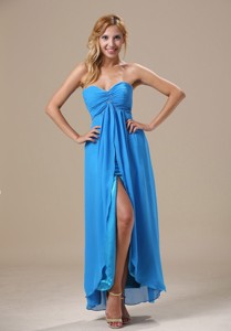 Auburn Hills Beading and Ruch Decorate Bust High Slit Ankle-length Dodger Blue Chiffon Simple Style