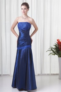 Column Strapless Navy Blue Ruching Holiday Dress With Lace Up