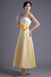 Light Yellow Strapless Hand Made Flowers Ankle-length Holiday Dress