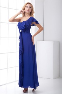 Empire One Shoulder Ankle-length Chiffon Blue Ruching Holiday Dress