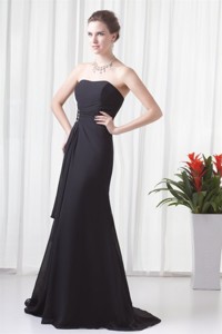 Black Column Strapless Brush Train Ruching Holiday Dress With Lace Up