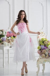 Strapless White Organza Tea-length Holiday Dress With Appliques