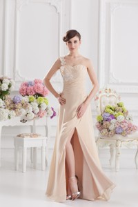 Champagne Empire Holiday Dress With Ruching And Appliques