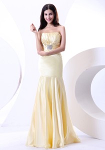 Beading Strapless Floor-length Light Yellow Elastic Woven Satin Holiday Dress