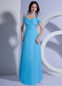 Ruching Decorate Bodice Aqua Blue Chiffon Floor-length Holiday Dress