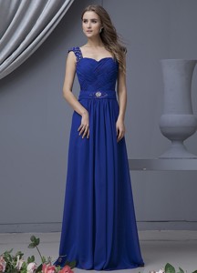 Beading Decorate Bodice Straps Blue Chiffon Floor-length Holiday Dress