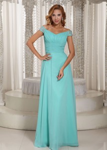 Simple Aque Blue Off The Shoulder Ruched Bodice Customize Holiday Dress With Beading Chiffon