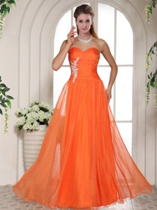 Orange Red Appliques And Ruching Sweetheart Holiday Dress With Beading