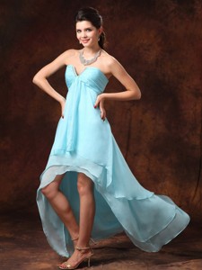 Auqa Blue High-low Empire Chiffon Sweetheart Dama Dress For Quinceanera With Beading
