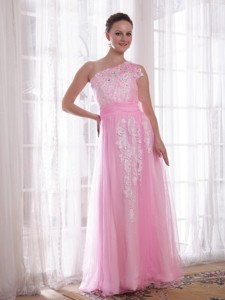 Pink Column / Sheath One Shoulder Floor-length Tulle And Taffeta Embroidery And Rhinestones Holiday
