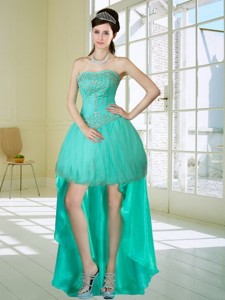 Apple Green Strapess High Low Holiday Dress With Embroidery And Beading