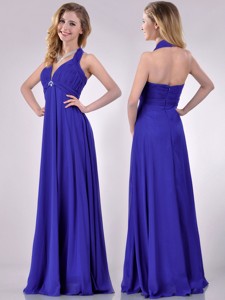 New Style Halter Top Zipper Up Long Holiday Dress In Blue