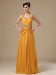Straps Beaded Decorate Bust Wasit Gold Chiffon Floor-length Holiday Evening Dress