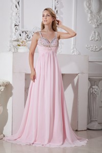Light Pink Straps Chiffon Holiday Dress With Gold And Silver Beading