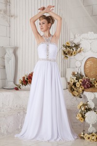 Unique White Halter Top Chiffon Holiday Dress With Beading