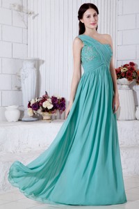 Turquoise Empire One Shoulder Holiday Dress Chiffon Appliques Floor-length