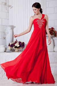 Red Empire One Shoulder Holiday / Evening Dress Chiffon Beading Floor-length