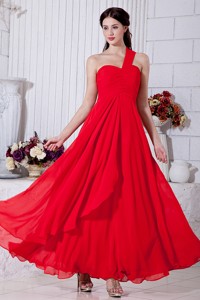 Red Empire One Shoulder Ruch Holiday / Evening Dress Ankle-length Chiffon