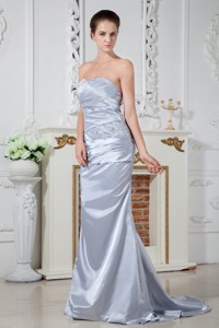 Lilac Evening Dress Column Strapless Beading and Ruch Brush Train Satin