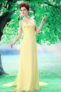 Yellow V-neck Empire Chiffon Watteau Yellow Holiday Dress