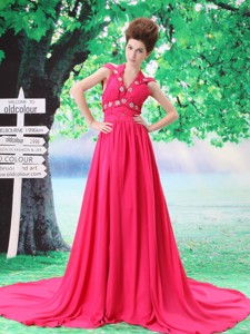 Halter And Off The Shoulder Beading Empire Chiffon Hot Pink Court Train Holiday Dress