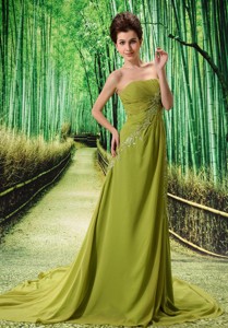 Olive Green Chapel Train Beaded Appliques Chiffon New Styles Custom Made Holiday Gowns