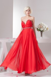 Empire Ankle-length Sweetheart Beaded Ruched Holiday Dress In Red