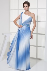 Blue And White One Shoulder Holiday Dress With Beaded Belt