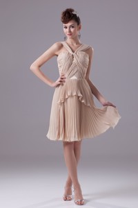 Pleating And Ruffles V-neck Knee-length Holiday Dress In Champagne