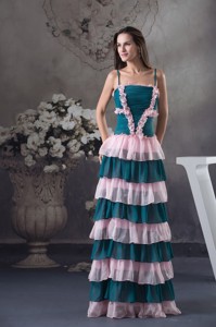 Ruched And Ruffled Teal And Pink Holiday Holiday Dress With Straps