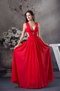 Deep V-neck Floor-length Red Holiday Gown With Half Open Back
