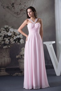 Beautiful Beading V-neck Long Pink Column Holiday Dress