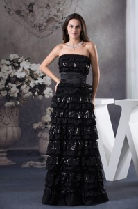 Ruffled Layers Strapless Long Column Holiday Dress In Black