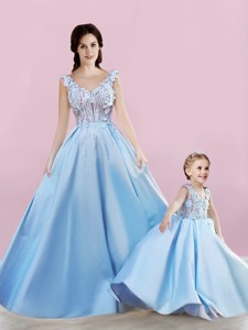 Sexy Deep V Neckline Applique Prom Dress in Baby Blue and New Style V Neck Little Girl Dress in Sati