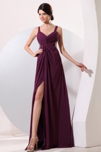 Straps Chiffon Beading and High Silt Prom Dress with Criss-cross Back
