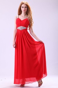 Empire V-neck Red Floor-length Beading Chiffon Prom Dress