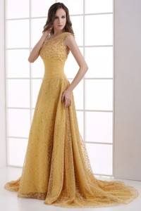 Lace One Shoulder Ruching Court Train Gold Prom Dress