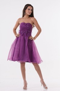 Purple Strapless Appliques Organza Knee-length Prom Dress