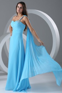 Watteau Train Aqua Blue Empire One Shoulder Prom Dress with Beading