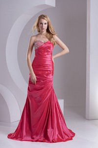 Column Sweetheart Taffeta Beading Ruching Coral Red Prom Dress