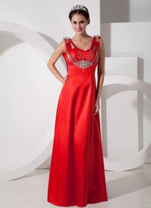 Pretty Red Empire V-neck Evening Dress Satin Beading Floor-length