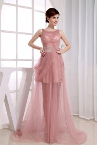 Beaded Decorate Waist Scoop Court Train Pink Tulle Prom Dress