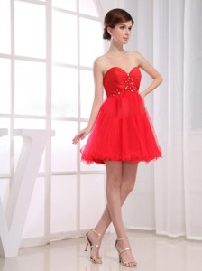 Beading Sweetheart Tulle Mini-length Red Prom Dress