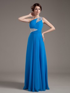 Beading Decorate Bodice One Shoulder Blue Chiffon Prom Dress Floor-length