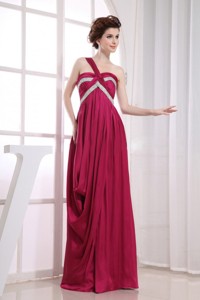 Beading And Ruching Decorate Bodice One Shoulder Wine Red Elastic Woven Satin Prom Dress Fl