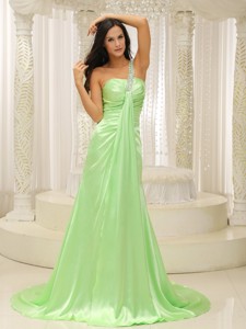 Beaded Decorate One Shoulder Ruched Bodice For Yellow Green Plus Size Prom Dress